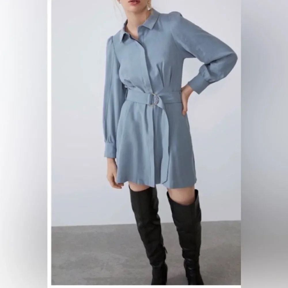 ZARA light blue belted buttoned balloon long sleeves mini shirt dress M